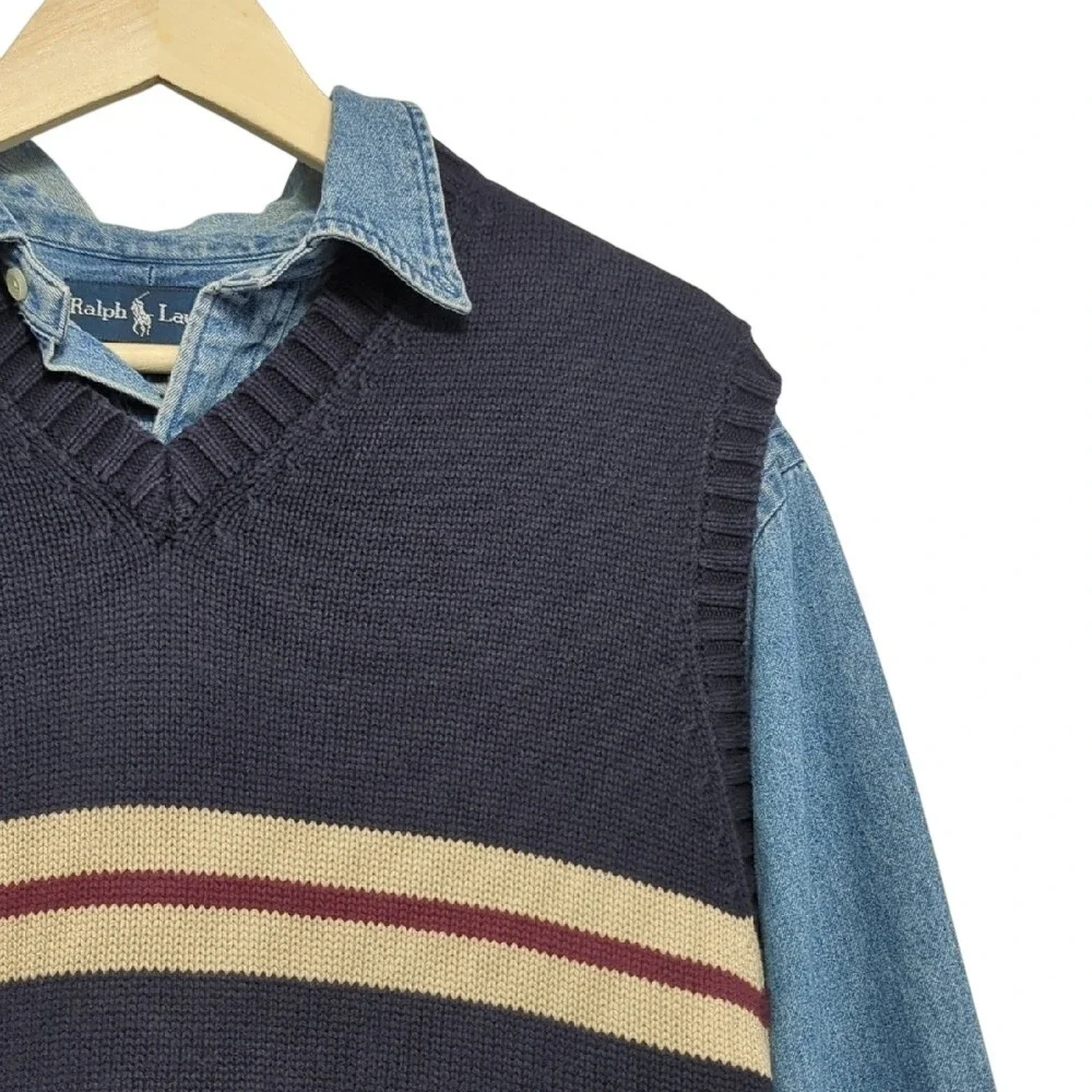 Vintage 90s J. Crew Sweater Vest Navy Blue‎ Cream Red Stripe Cotton Preppy Large